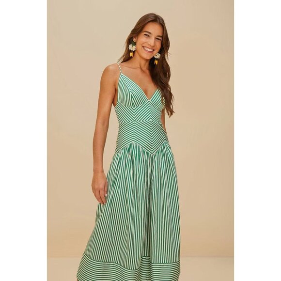 NWOT Farm Rio Stripe Cotton Sleeveless V-Neck Drop-Waist Midi Dress Size L
